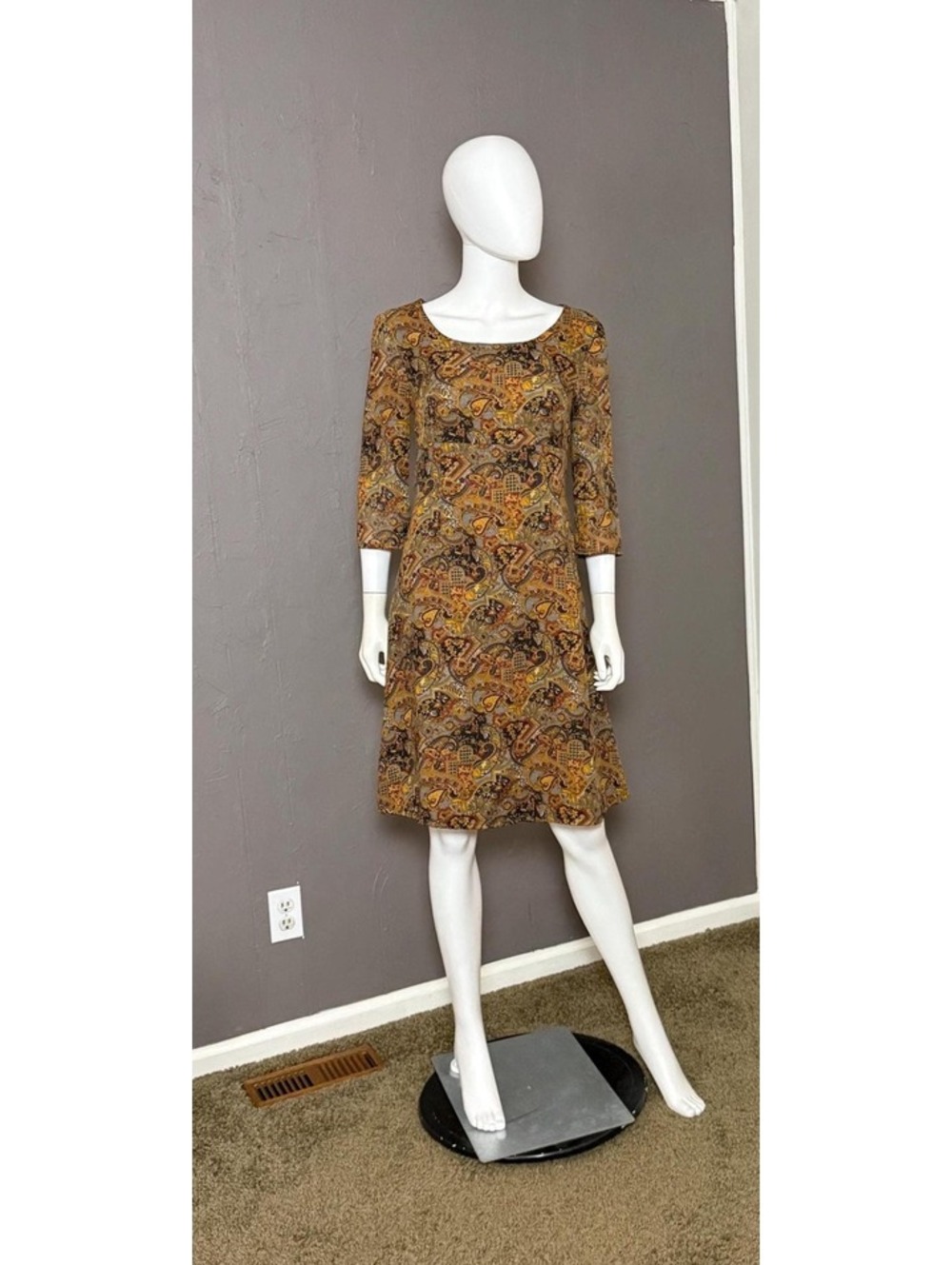 1970's Brown Paisley MOD Dress Handmade Fall Colors M/L